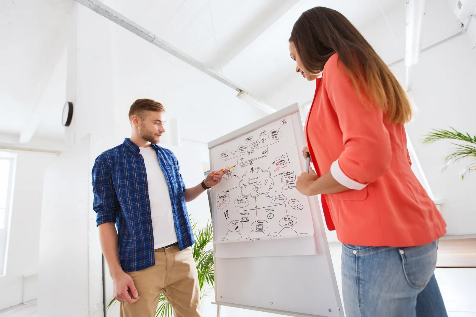 Two coworkers talk through a hand-drawn diagram on a flip chart in a bright, white-walled office