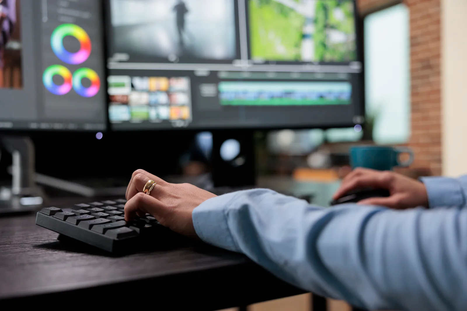 Hands on a keyboard in front of an editing timeline with colour wheels on a second screen