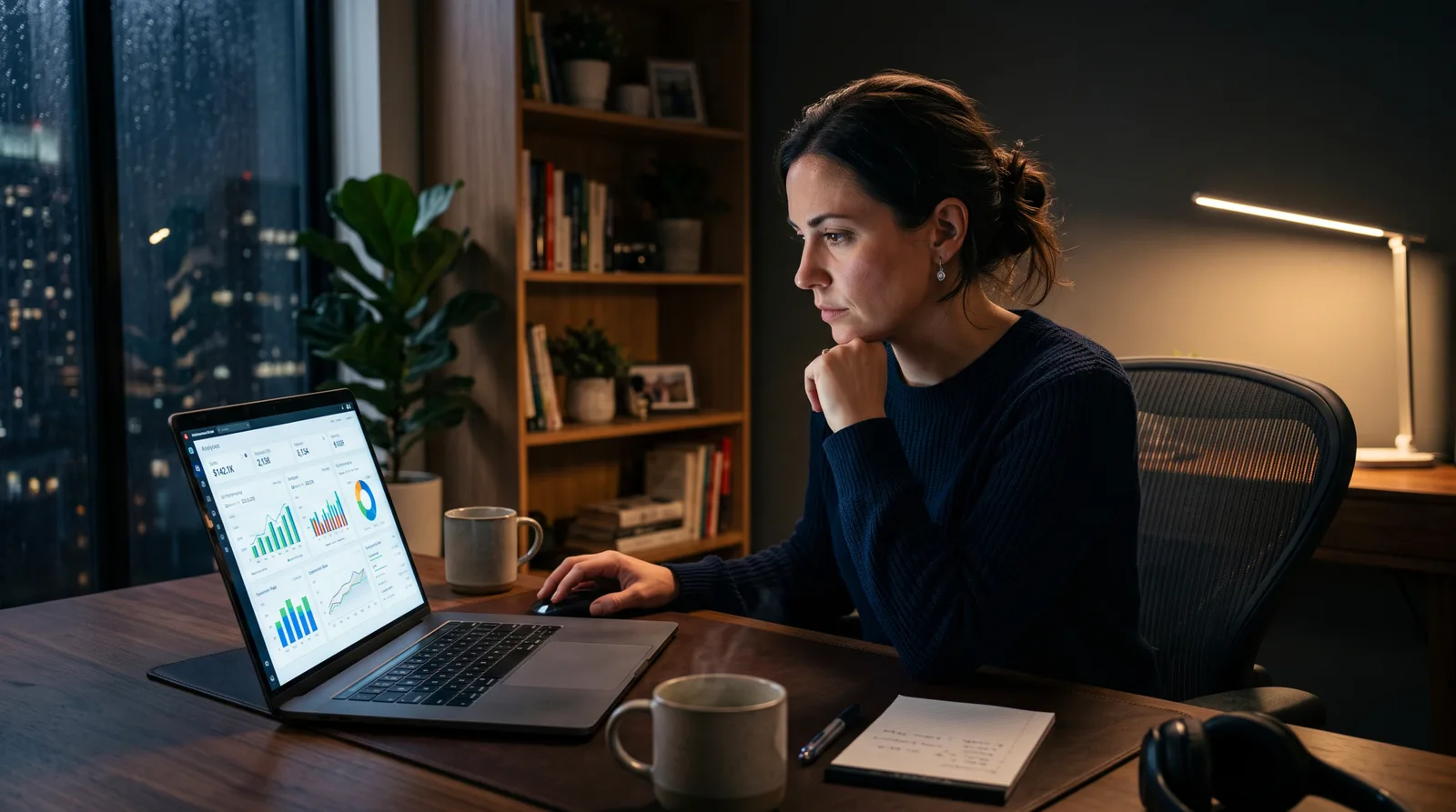 A person at a laptop late in the evening, studying a dashboard of charts