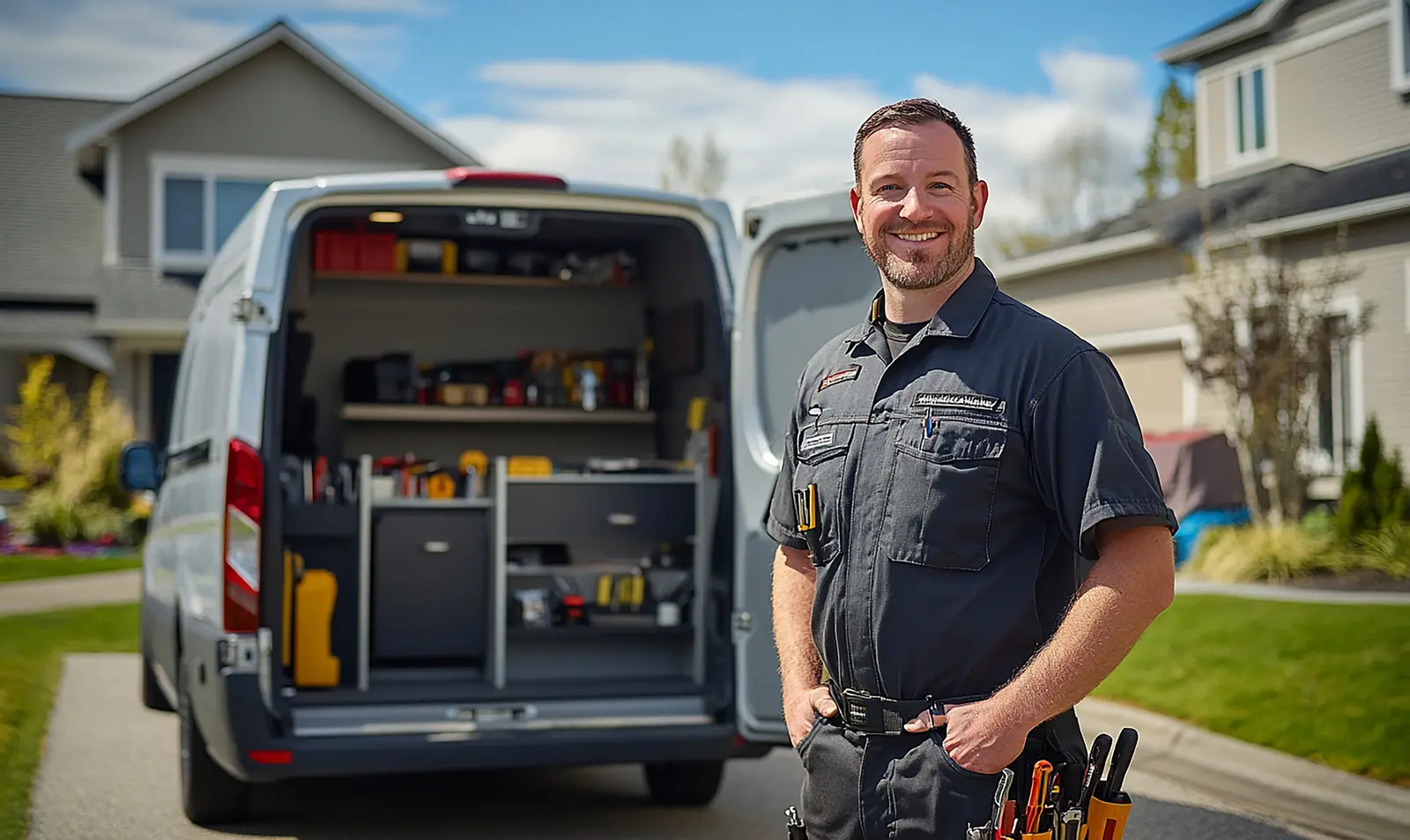 Plumbing technician carrying a toolbox from a work van to a customer's front door