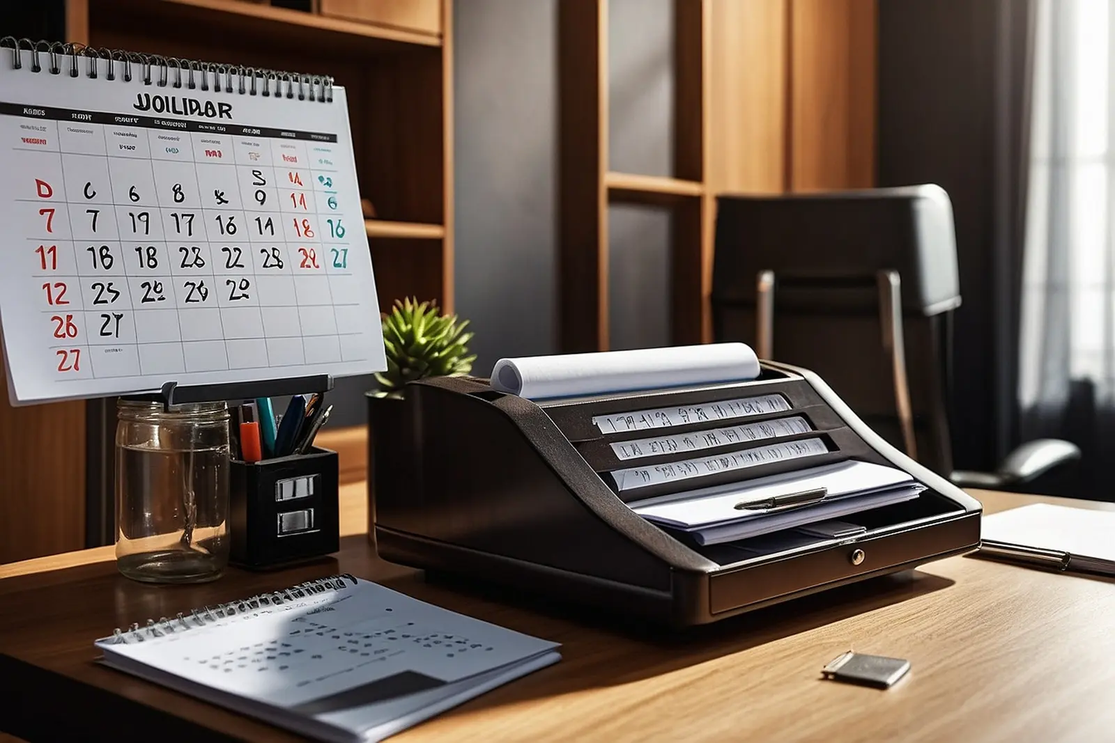 Wall calendar with months marked in pen above a desk phone in a small office