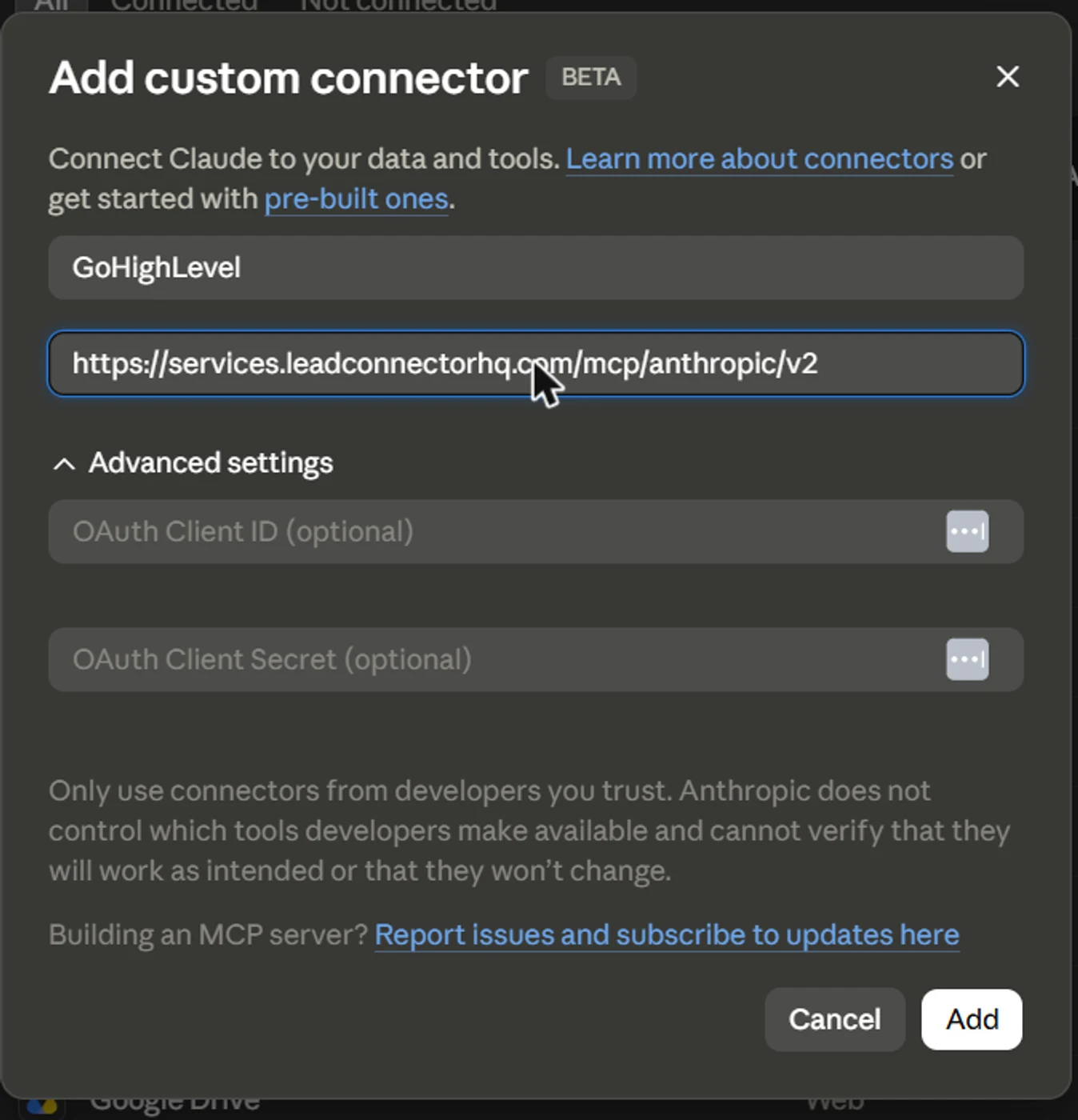Claude's Add custom connector dialog with the name GoHighLevel and the official v2 MCP endpoint URL filled in