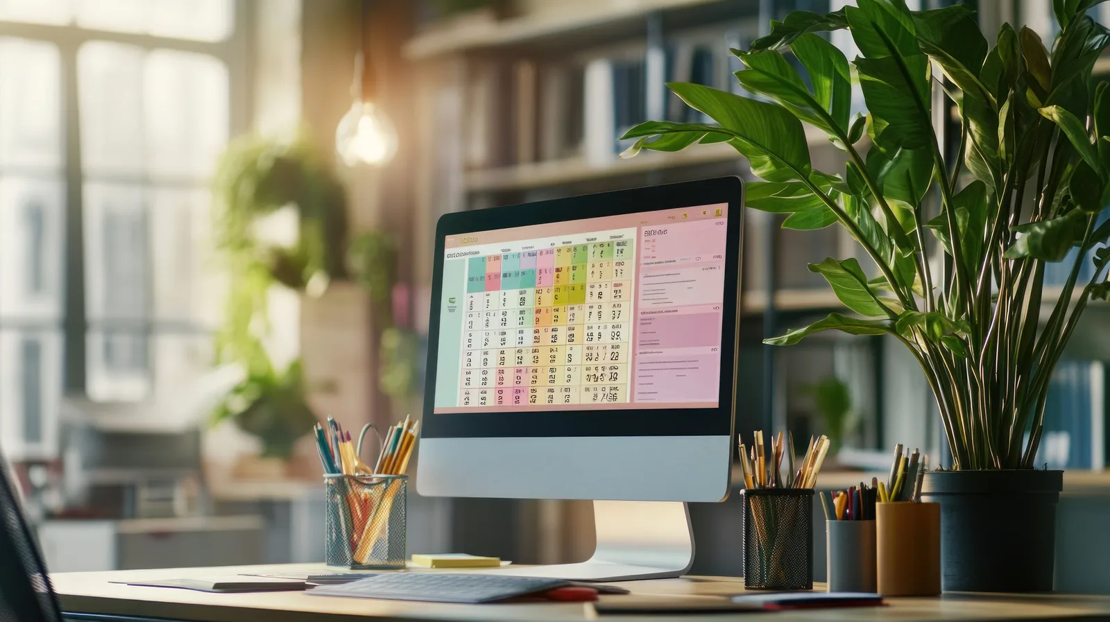 Over-the-shoulder view of a laptop showing a color-coded spreadsheet calendar on an office desk