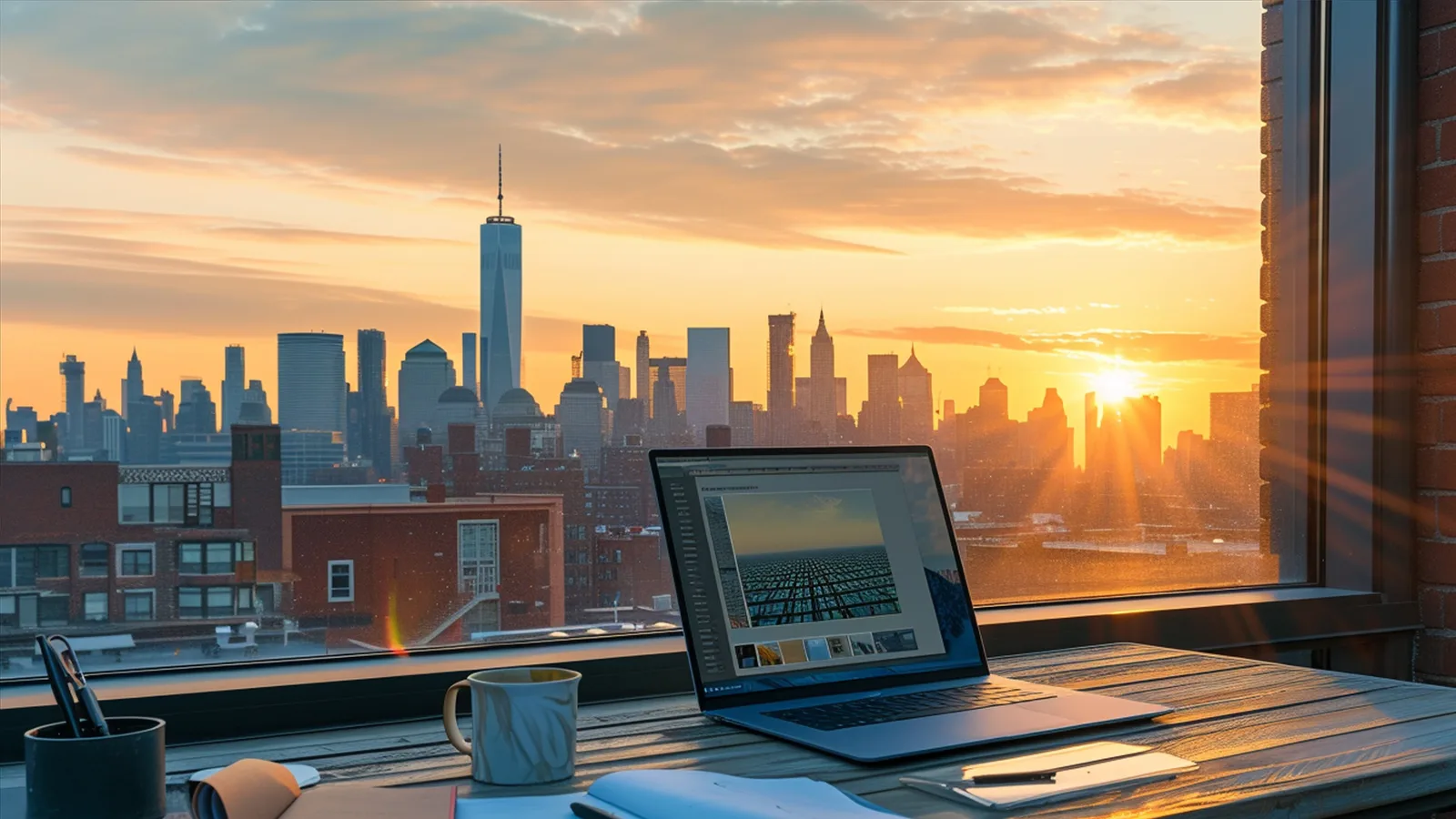 Laptop on an office desk in front of a window looking out on the Atlanta Midtown skyline