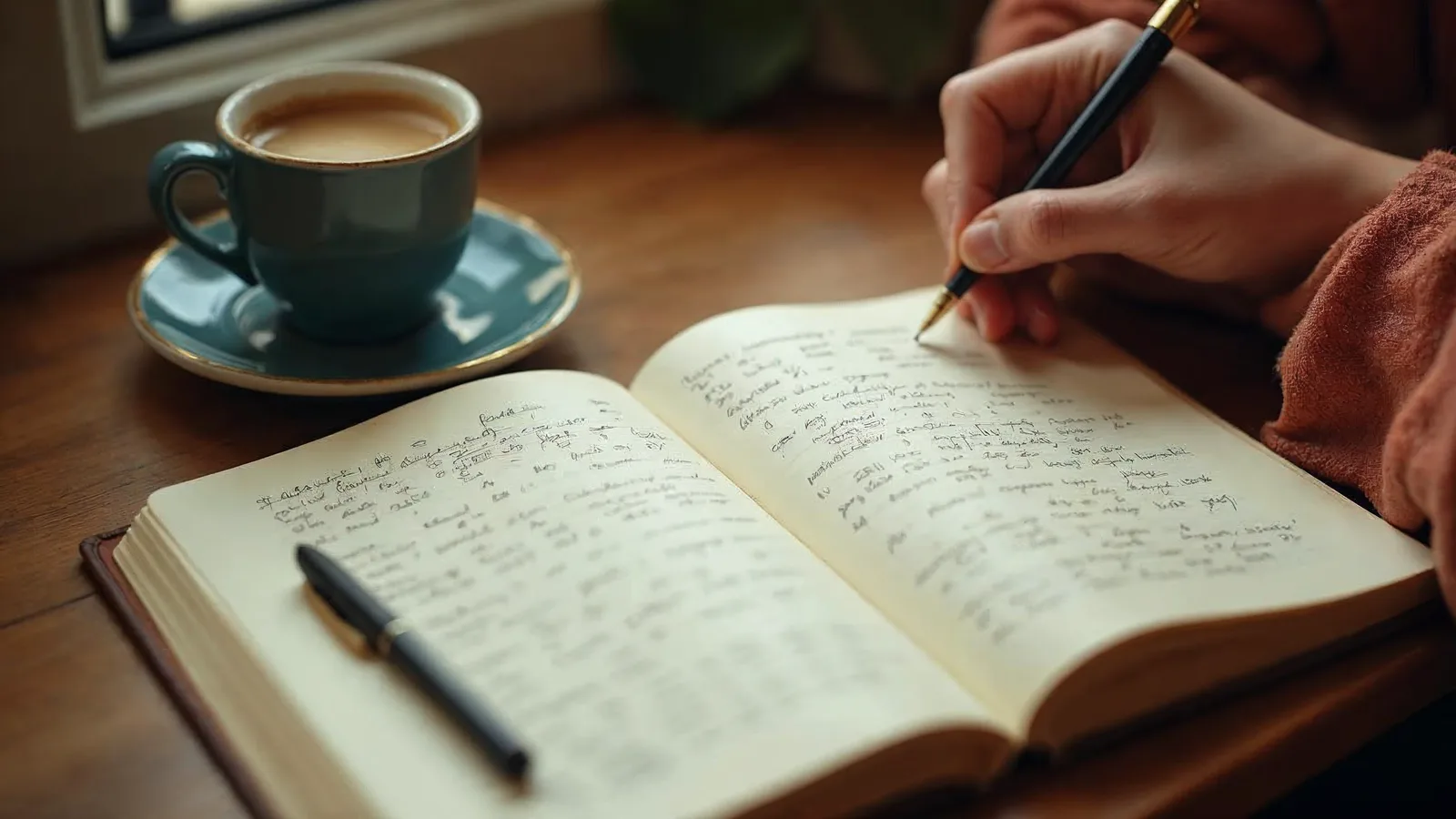 A desk with an open notebook of handwritten figures, a pen and a cup of coffee