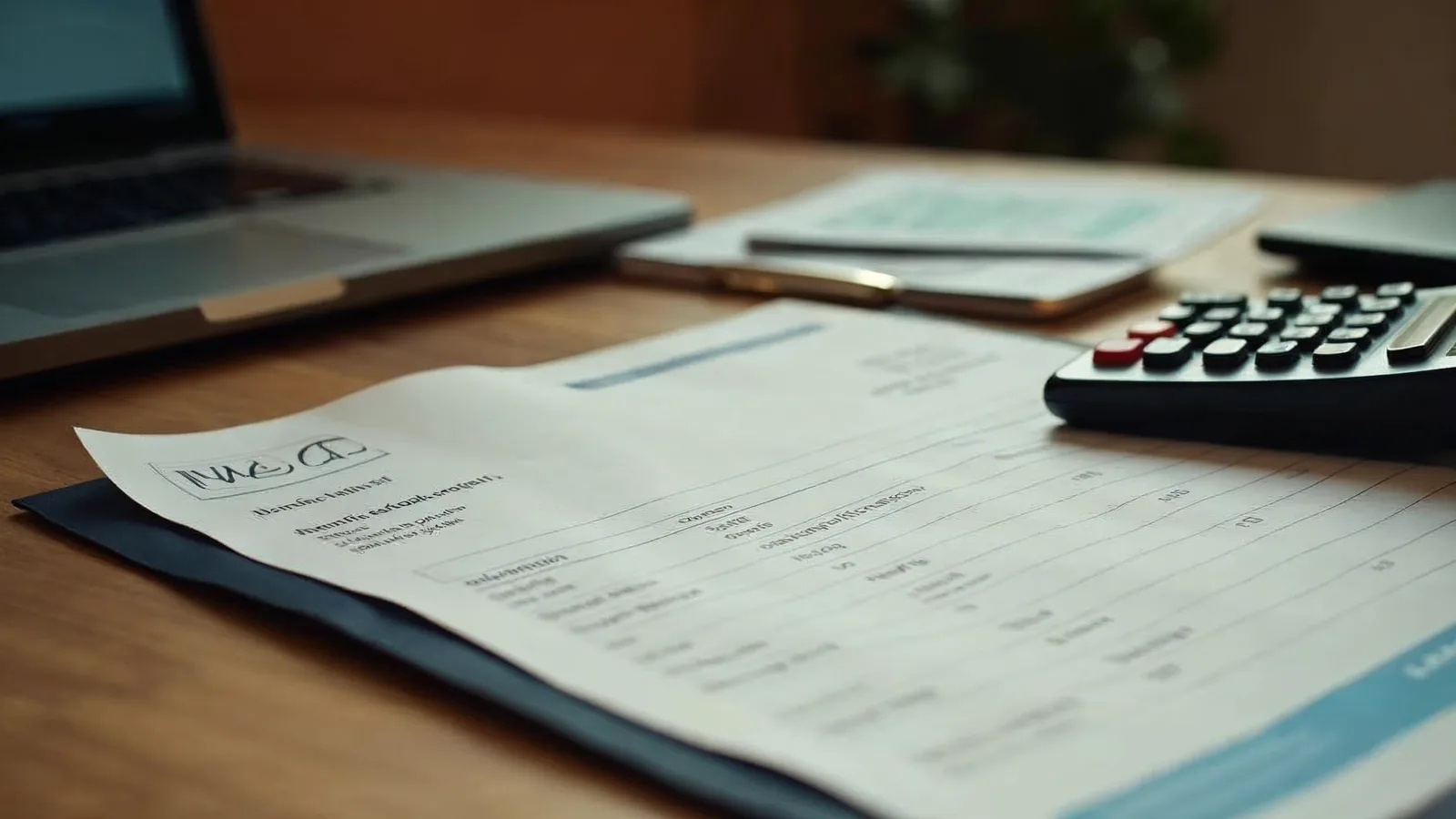 A printed invoice and a calculator on a wooden desk beside a laptop