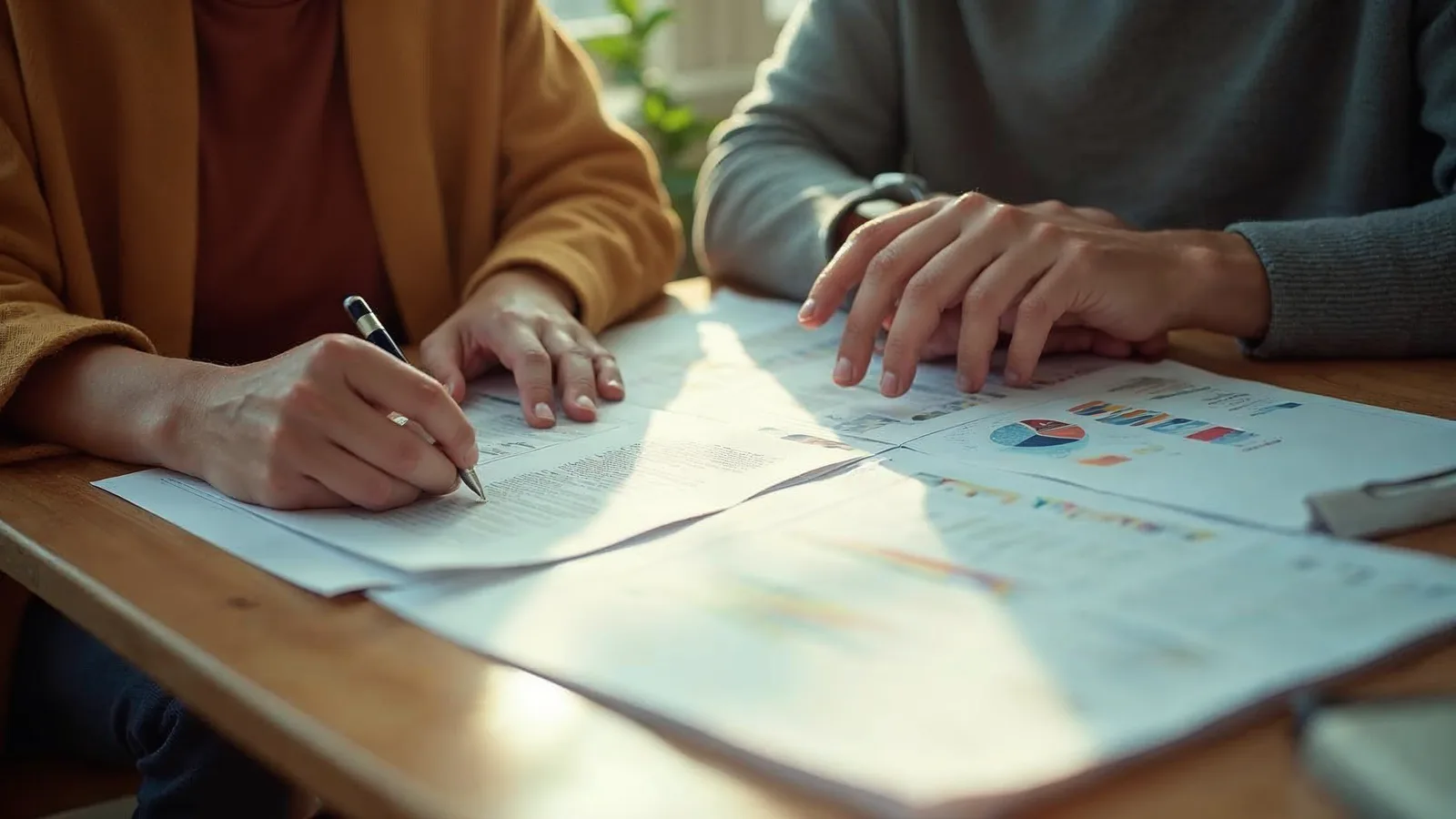 Two people at a table reviewing printed spreadsheets in afternoon light