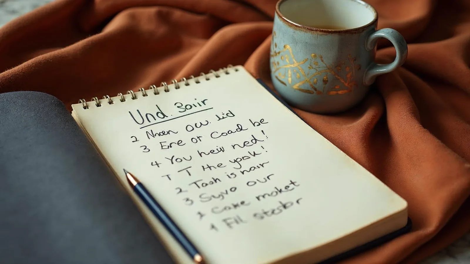 A notebook with a hand-drawn two-column list beside a pen and a mug