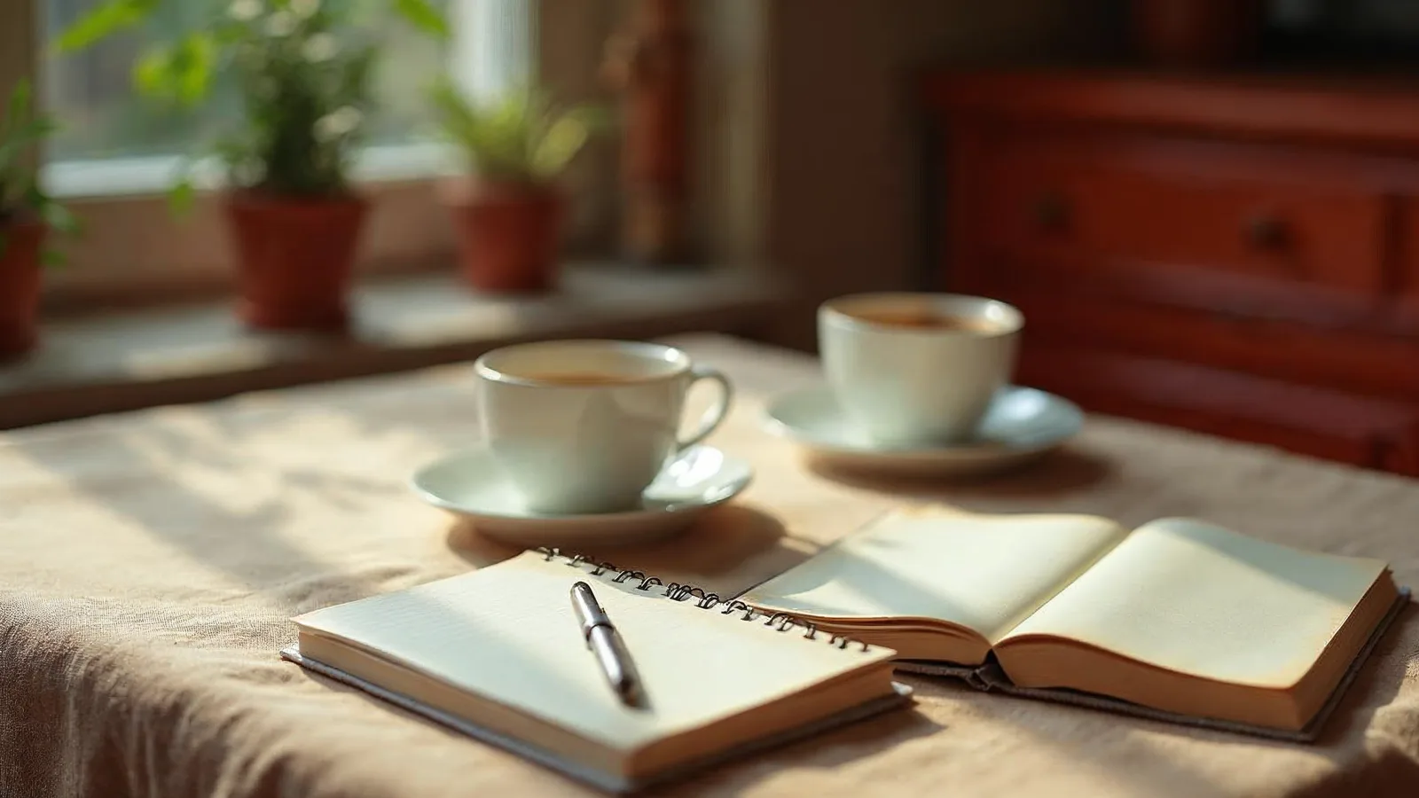 Two coffee cups and two notebooks on a table, set opposite each other