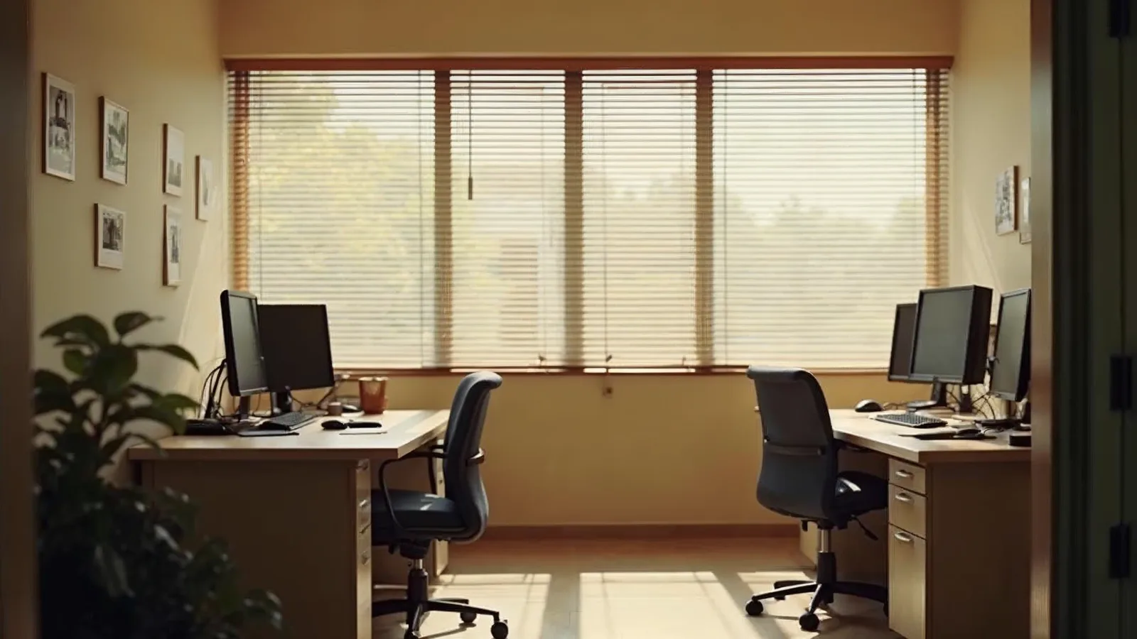 A small open-plan office with two empty desks and morning light through blinds