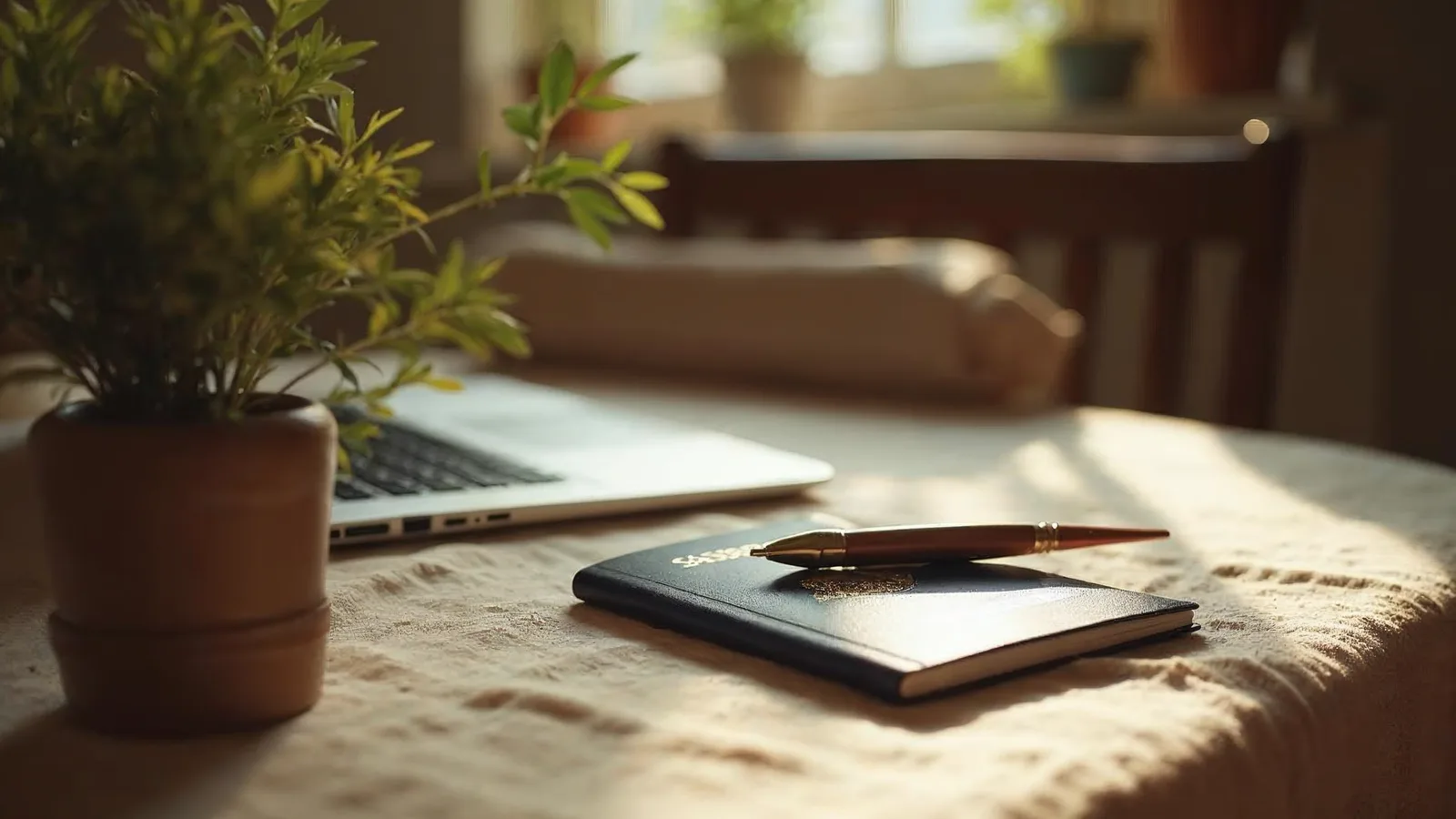 A passport and a laptop on a kitchen table in early light