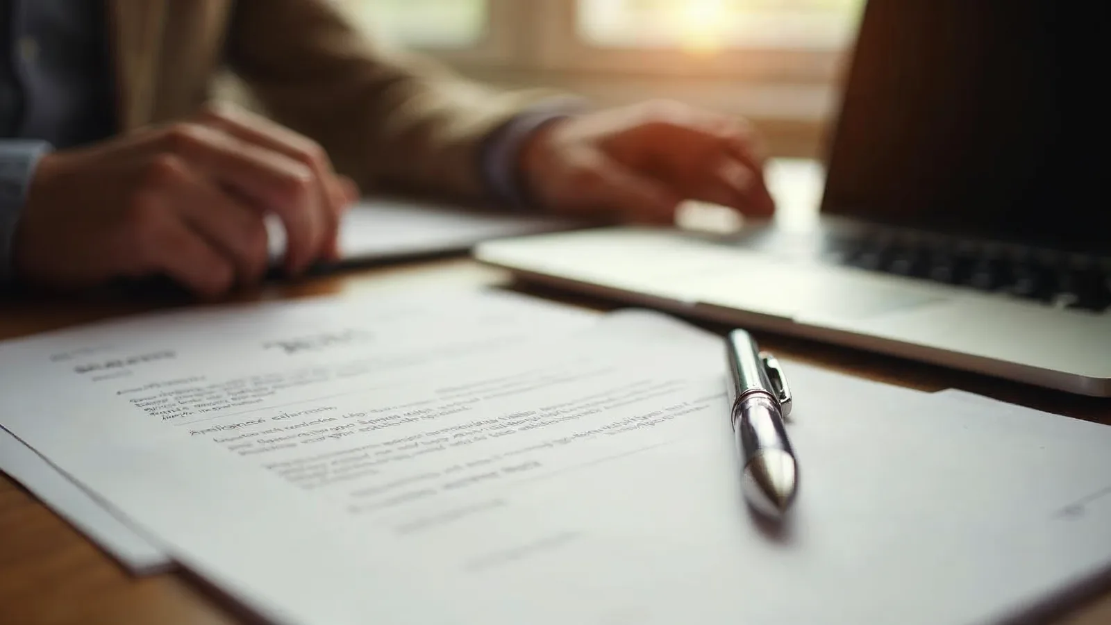 A printed contract and a pen on a desk beside a laptop in daylight