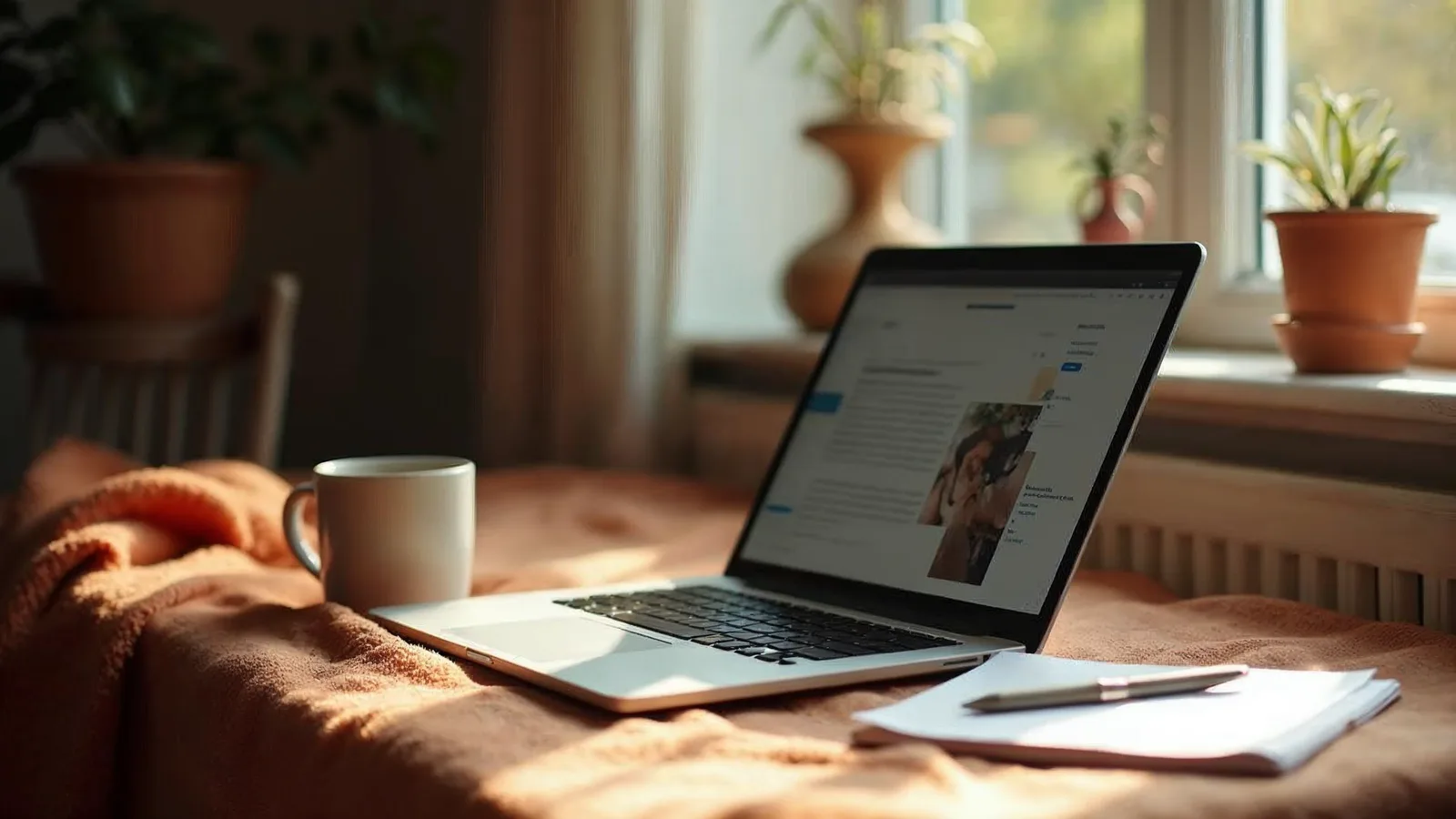 A tidy home workspace with a laptop and a mug in early morning light