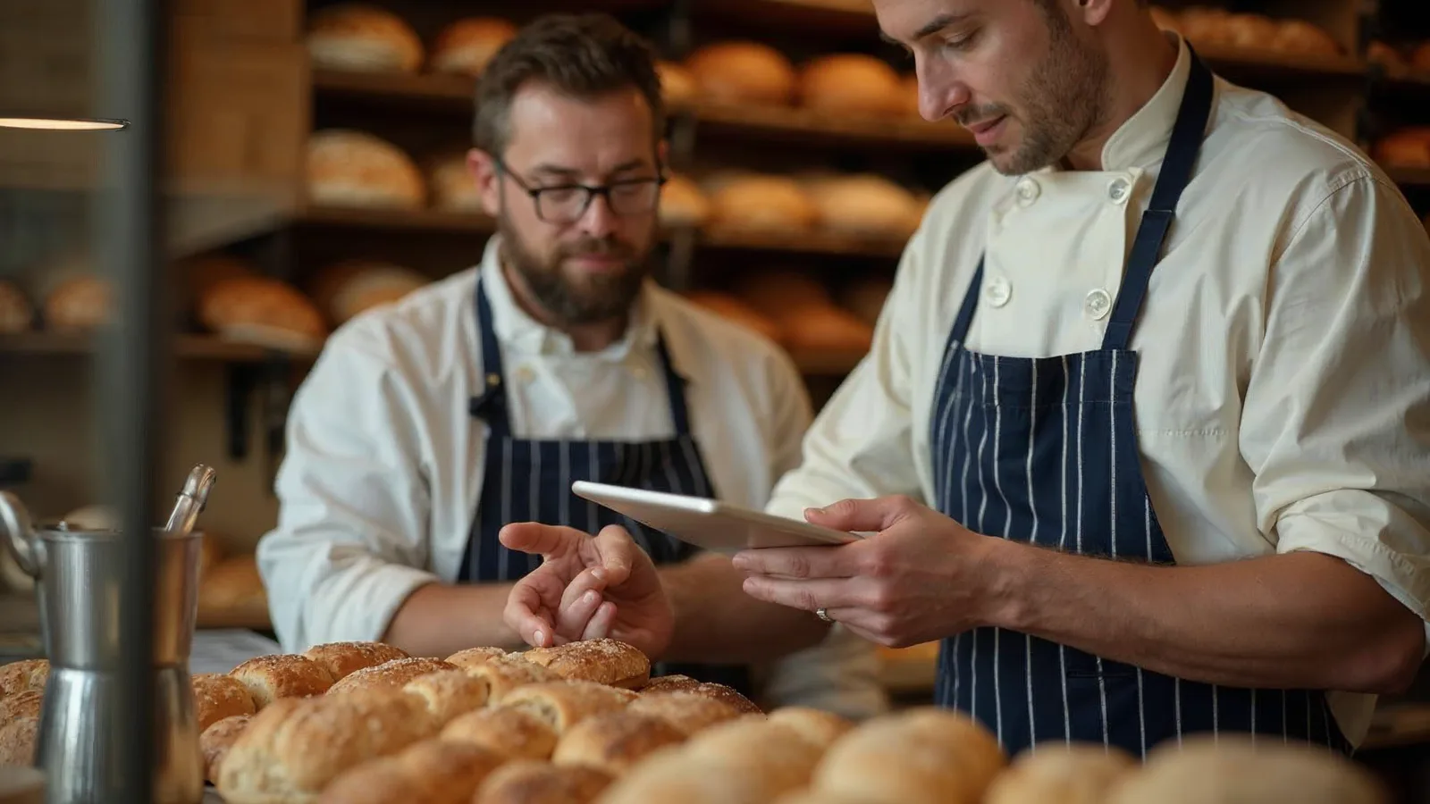 Two bakers at the counter check a tablet with fresh loaves on the shelves behind
