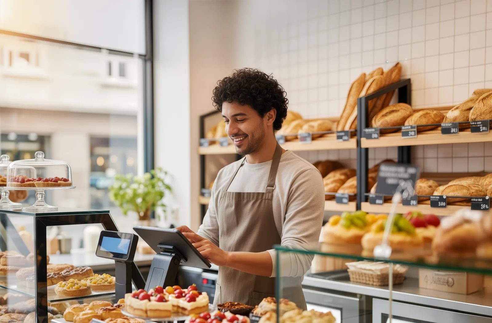 A smiling baker checks orders on a tablet at the bakery counter