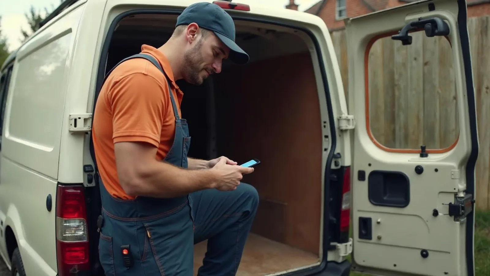 A plumber leans on an open van and checks a phone between jobs