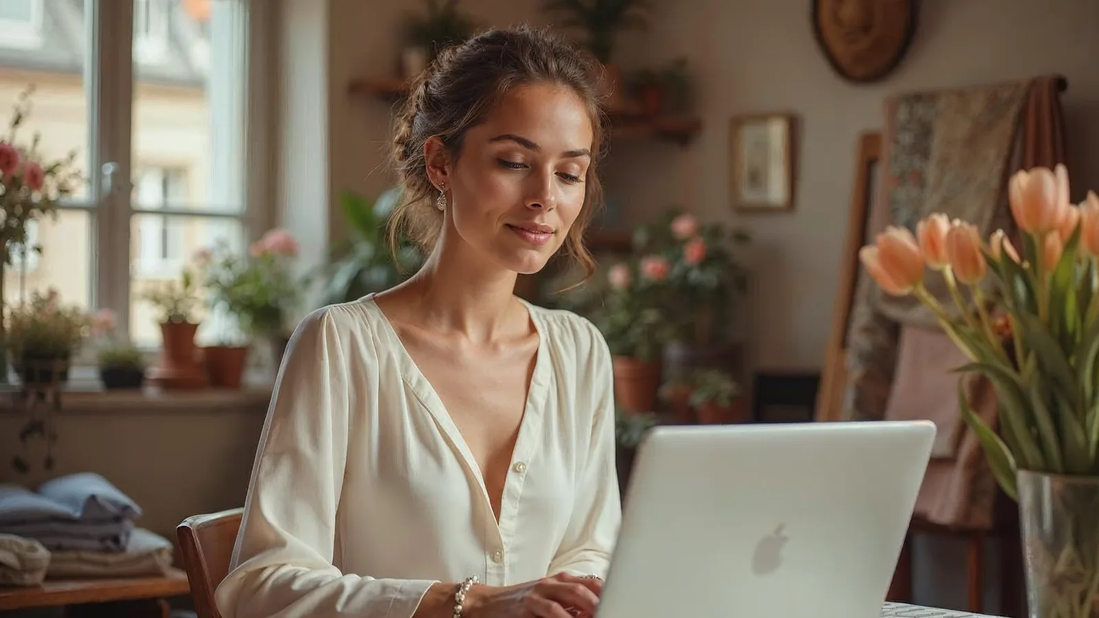 A wedding planner works at a laptop among flowers and fabric samples