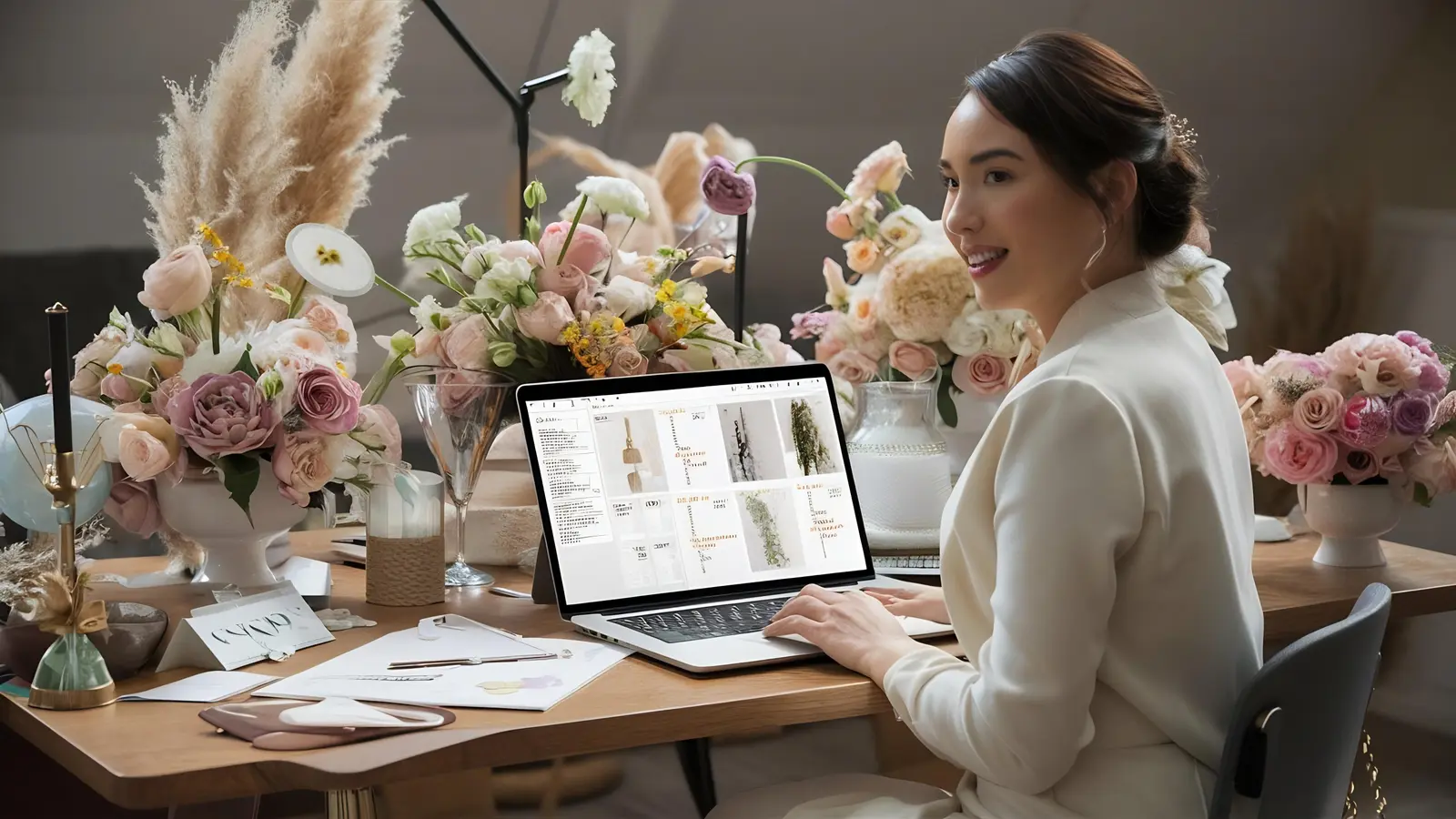 A wedding planner works at her laptop at a desk covered in flower arrangements