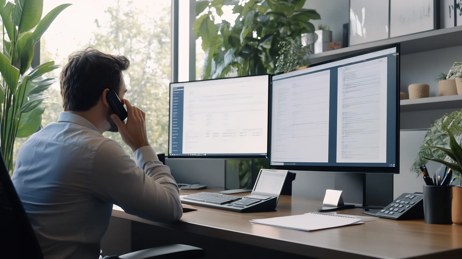 An agency operator on the phone at his desk, registration forms open on two monitors