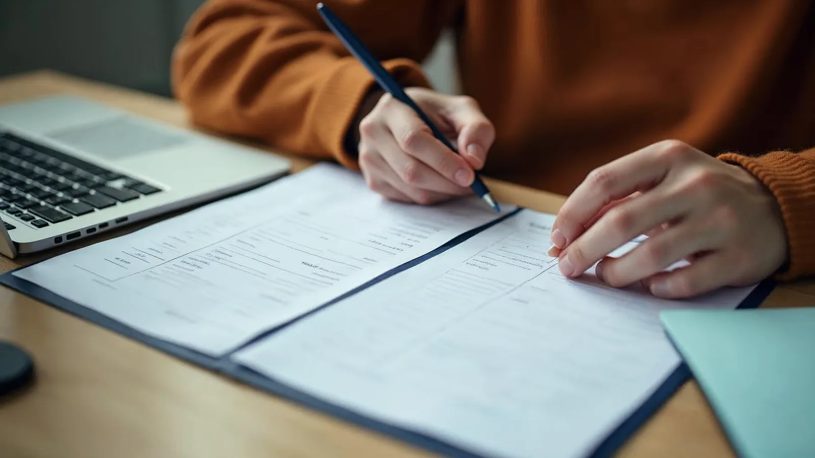 A business owner compares two printed sheets side by side at a desk, pen in hand, beside a laptop