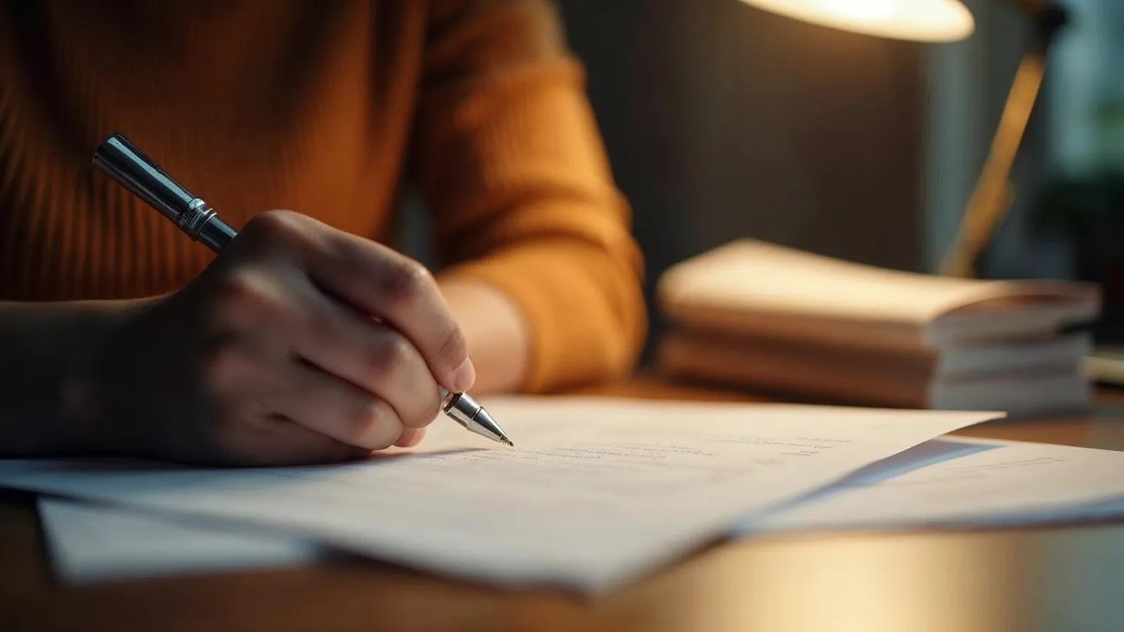 A hand with a pen over printed pages under a desk lamp, reading the fine print