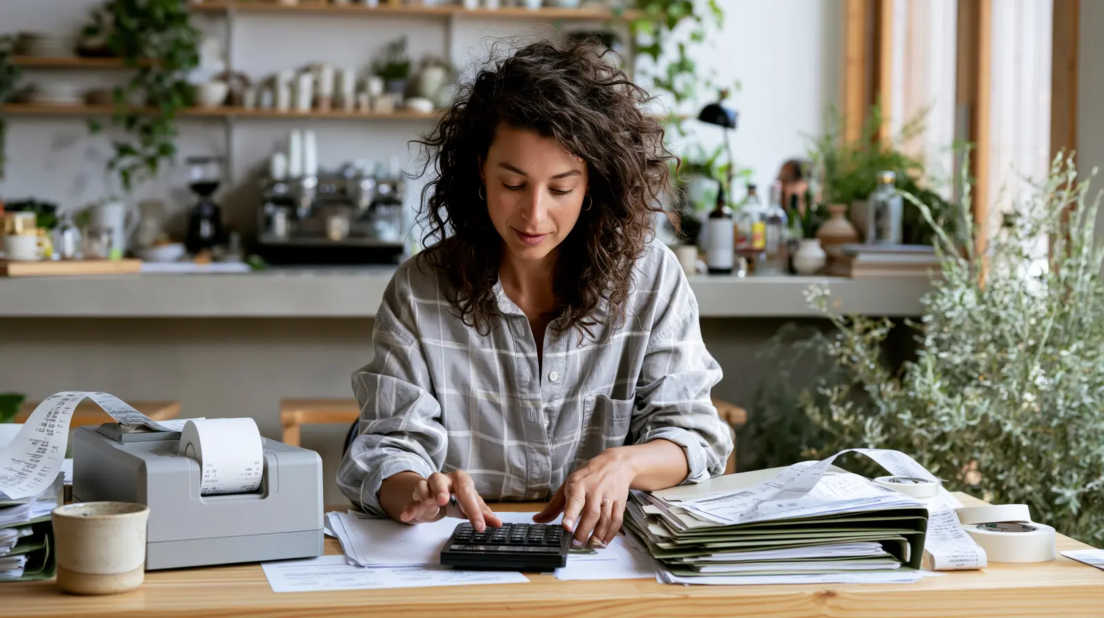 A bookkeeper adds up receipts on a desk calculator beside a printer at a wooden desk