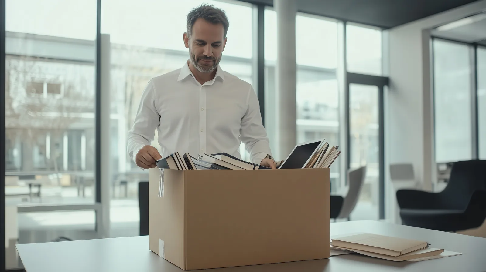 A man in a white shirt packs folders and files into a cardboard box on an office desk