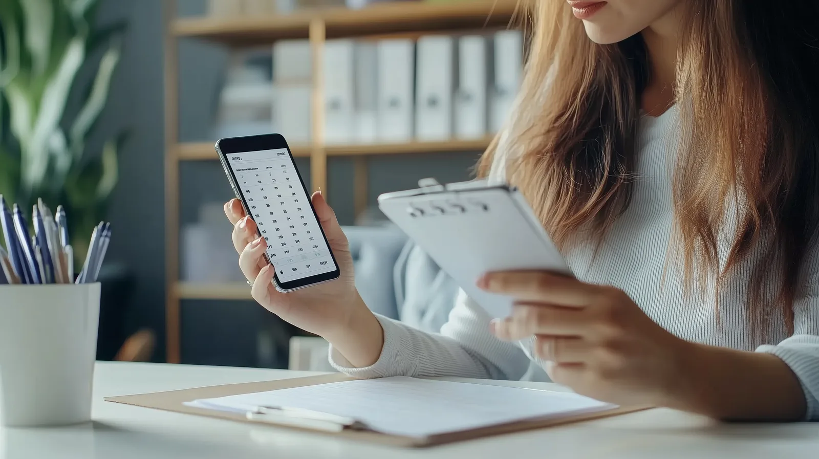 A woman checks tomorrow's appointments on her phone against a paper planner, the reminder already sent