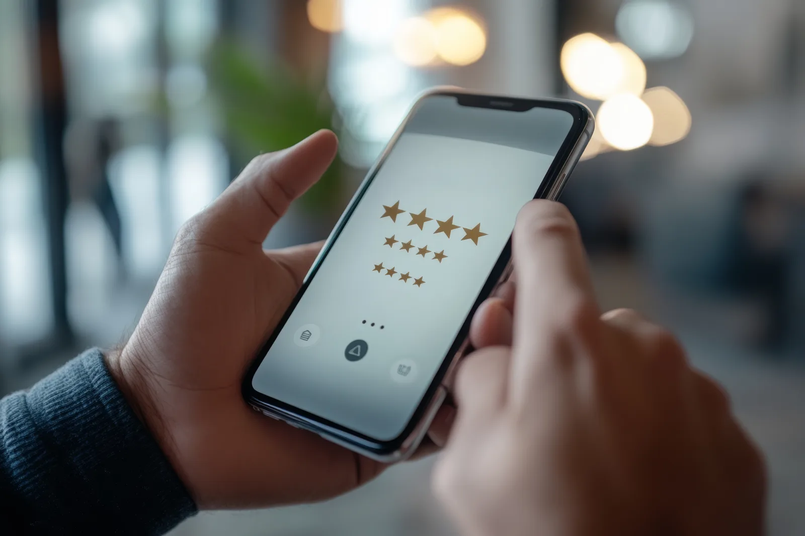 A customer taps a five-star rating on his phone, the request having arrived two hours after the visit