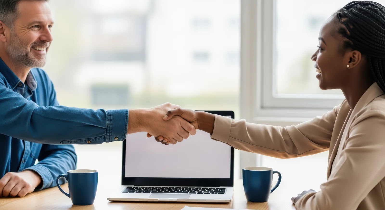Two people shake hands over a laptop and coffee, the handover at the end of onboarding