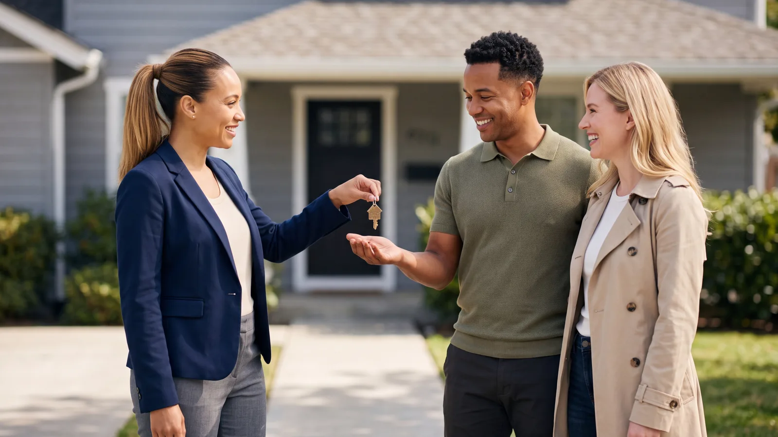 A real estate agent hands the house keys to a smiling couple on the lawn in front of their new home