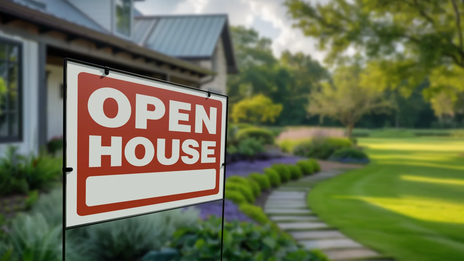 An open house yard sign staked on a front lawn outside a listed home