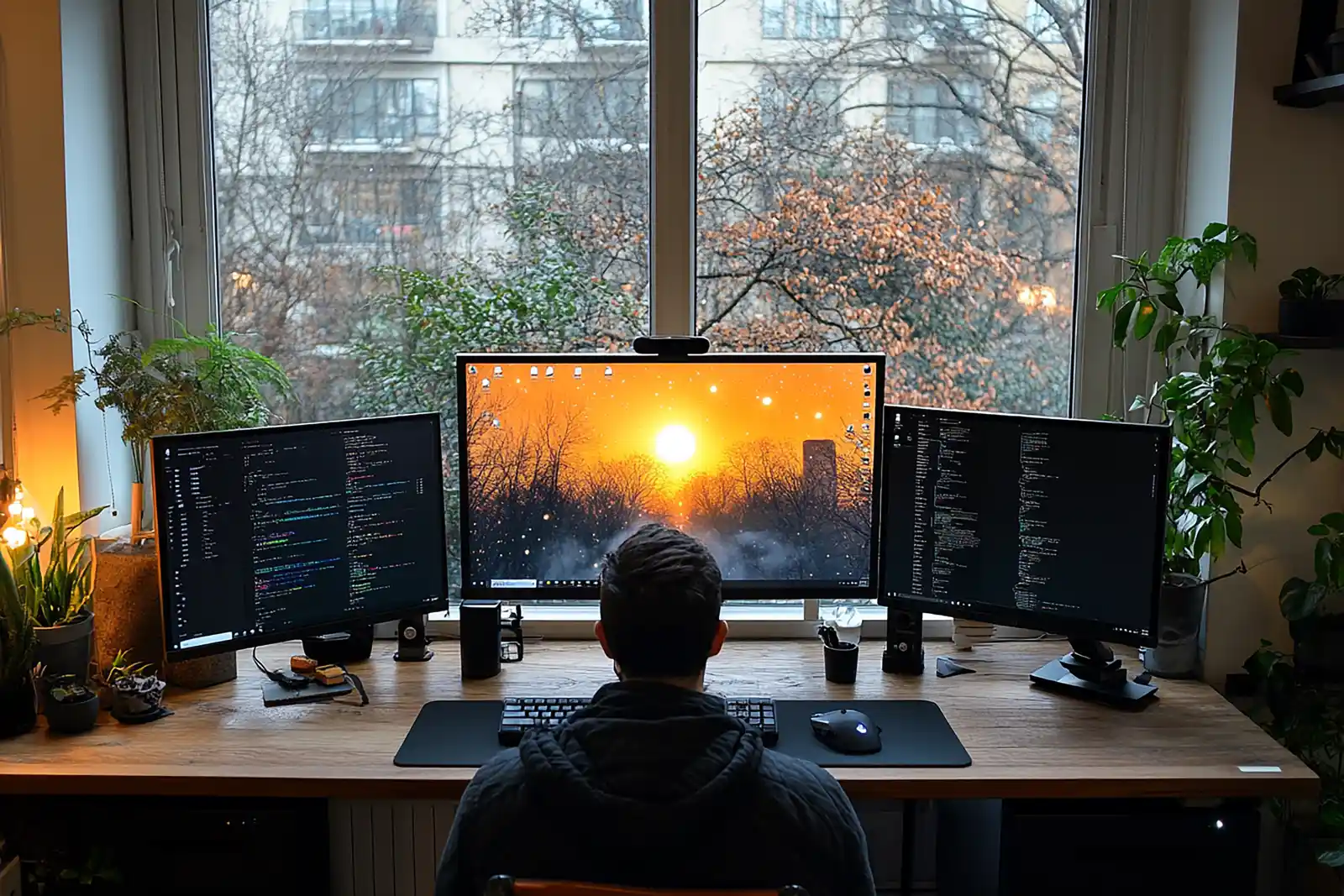 A developer at a desk with three monitors as the sun sets in the window behind