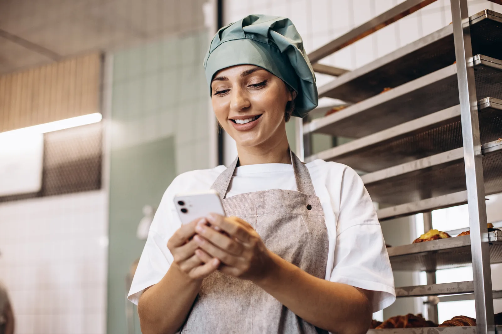 A baker in an apron and cap smiles at her phone beside a rack of pastry trays