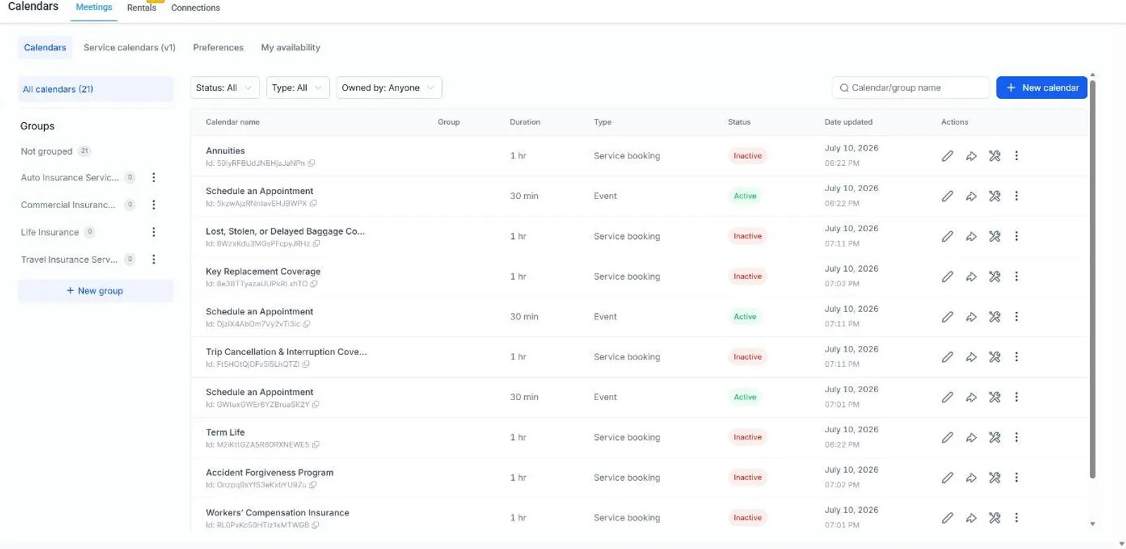 GoHighLevel Calendars list right after a snapshot load: 21 calendars, most still marked Inactive