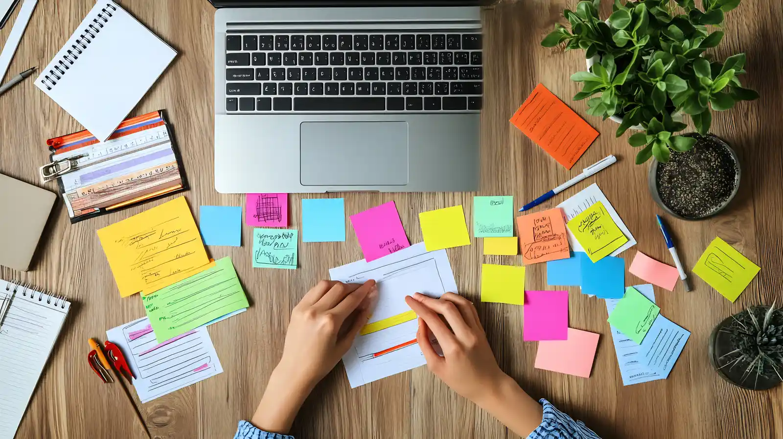 A person plans a project from above with sticky notes spread beside a laptop