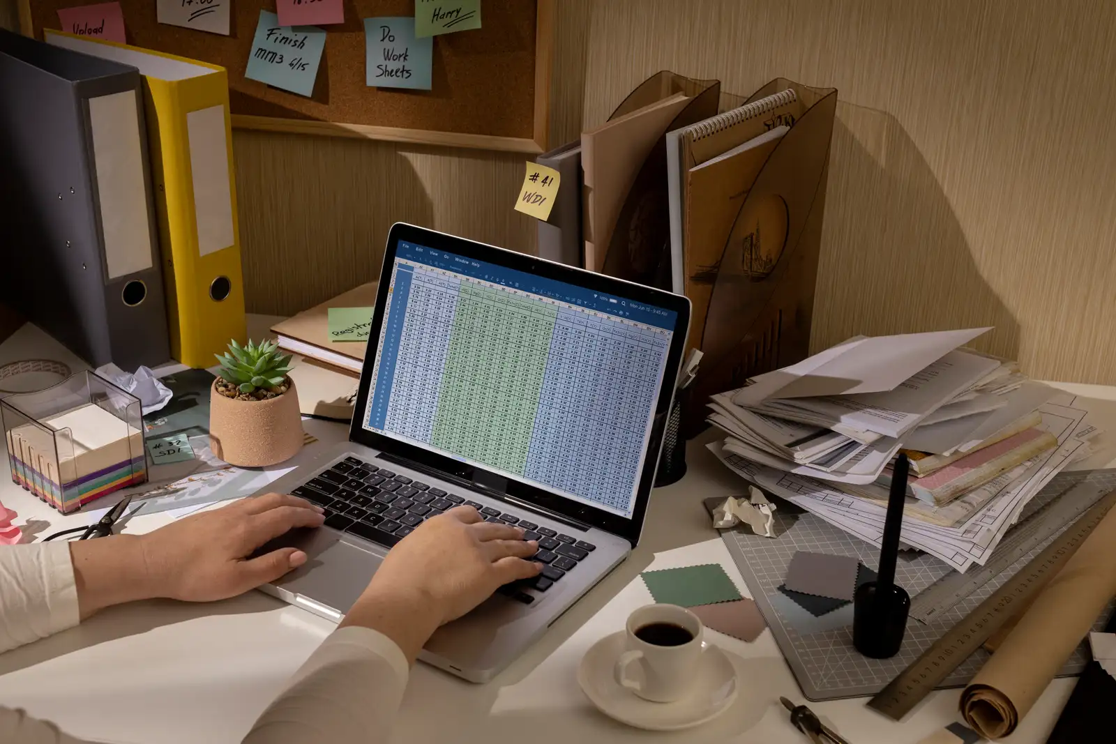Hands type on a laptop showing a dense spreadsheet, surrounded by stacked paper files and binders