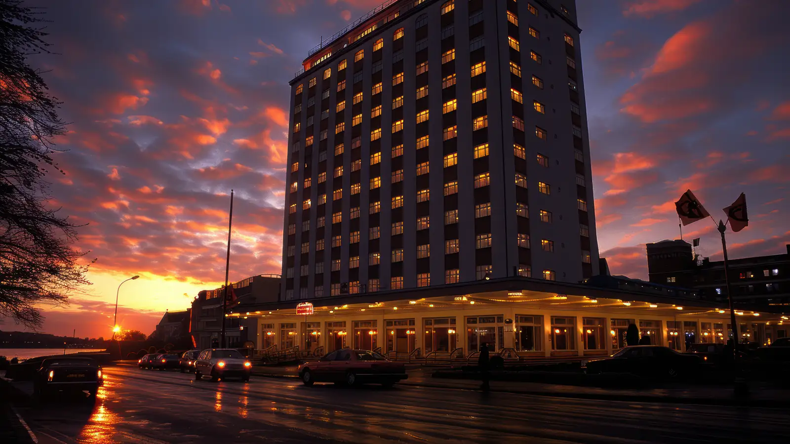 A city hotel with lit windows at dusk, traffic passing on a wet street below