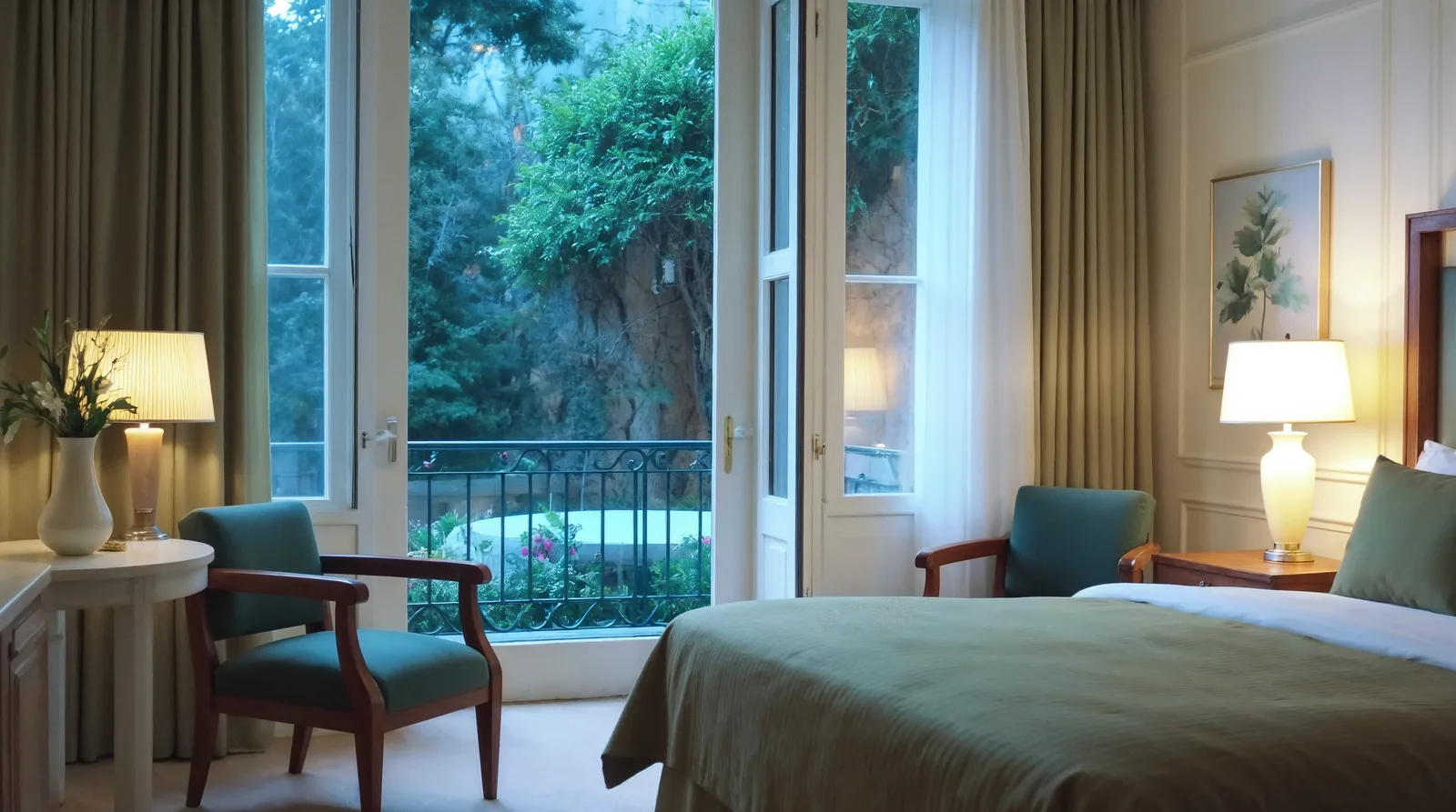 A hotel bedroom with balcony doors open onto trees, armchairs beside the window