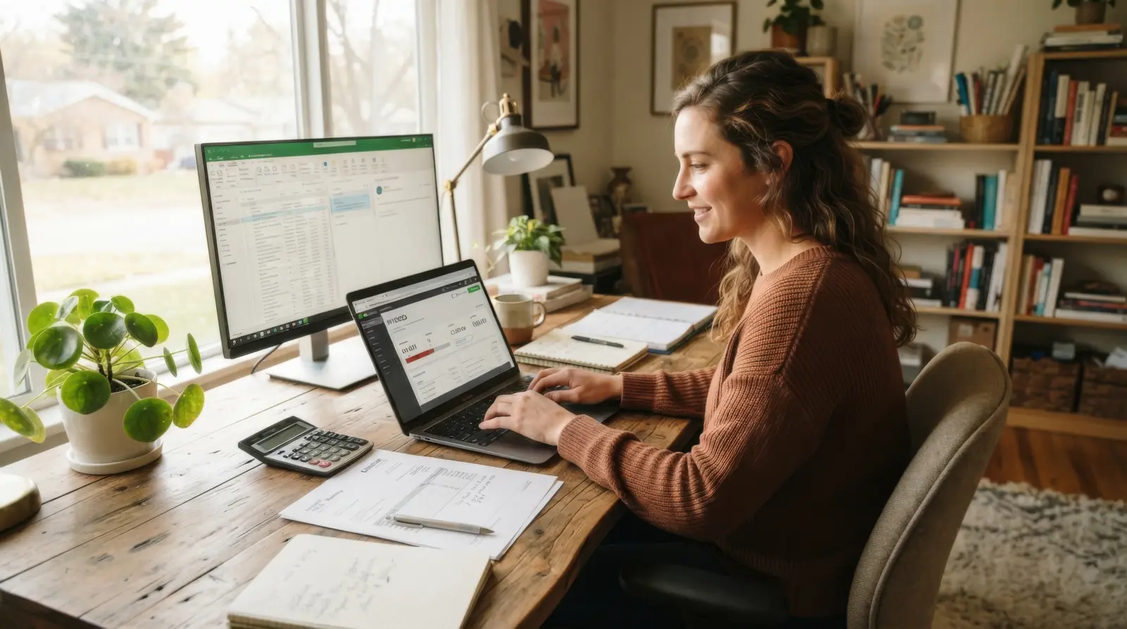 A woman smiles as she types on a laptop at her home office desk, a spreadsheet open on the monitor beside her