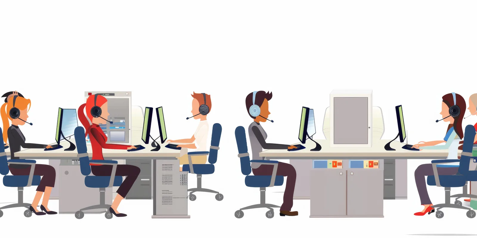 Rows of call center workers wearing headsets at shared desks during a shift