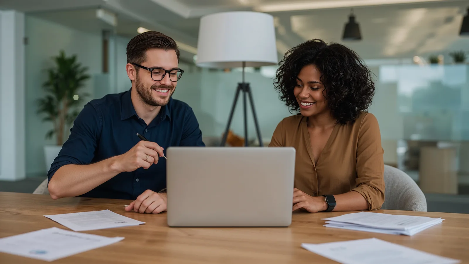 Two smiling coworkers edit a draft together on one laptop in a modern office
