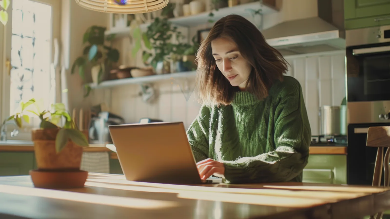 A woman reads an answer on her laptop at a sunlit kitchen table