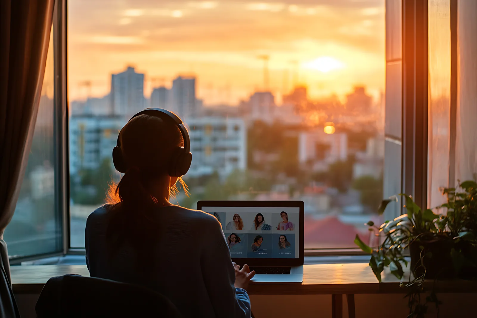Remote employee in a home office overseas joining a video call, with a city view through the window