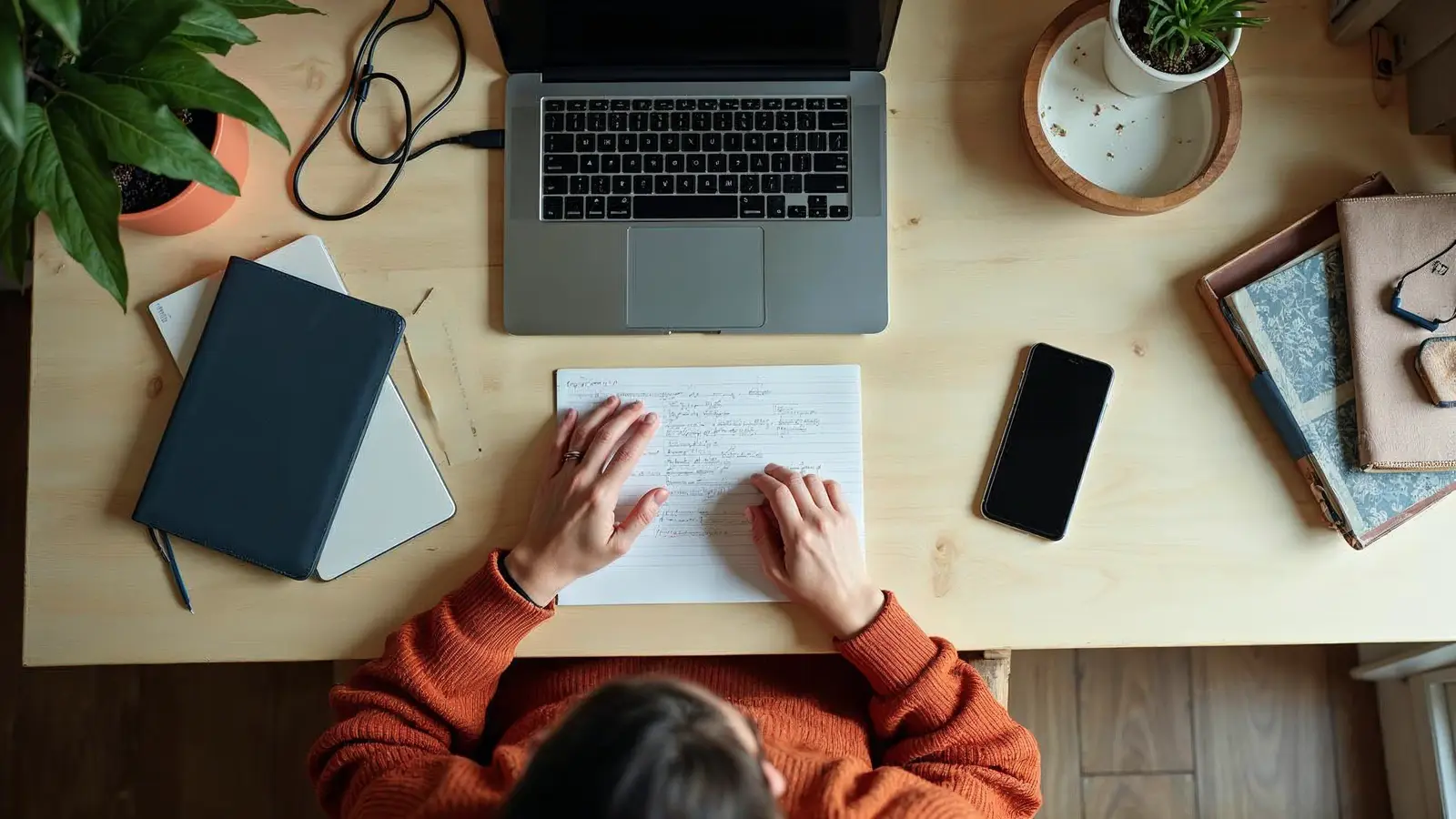 A tidy desk from above with a laptop, a phone, a notebook and a person's hands on a page of notes