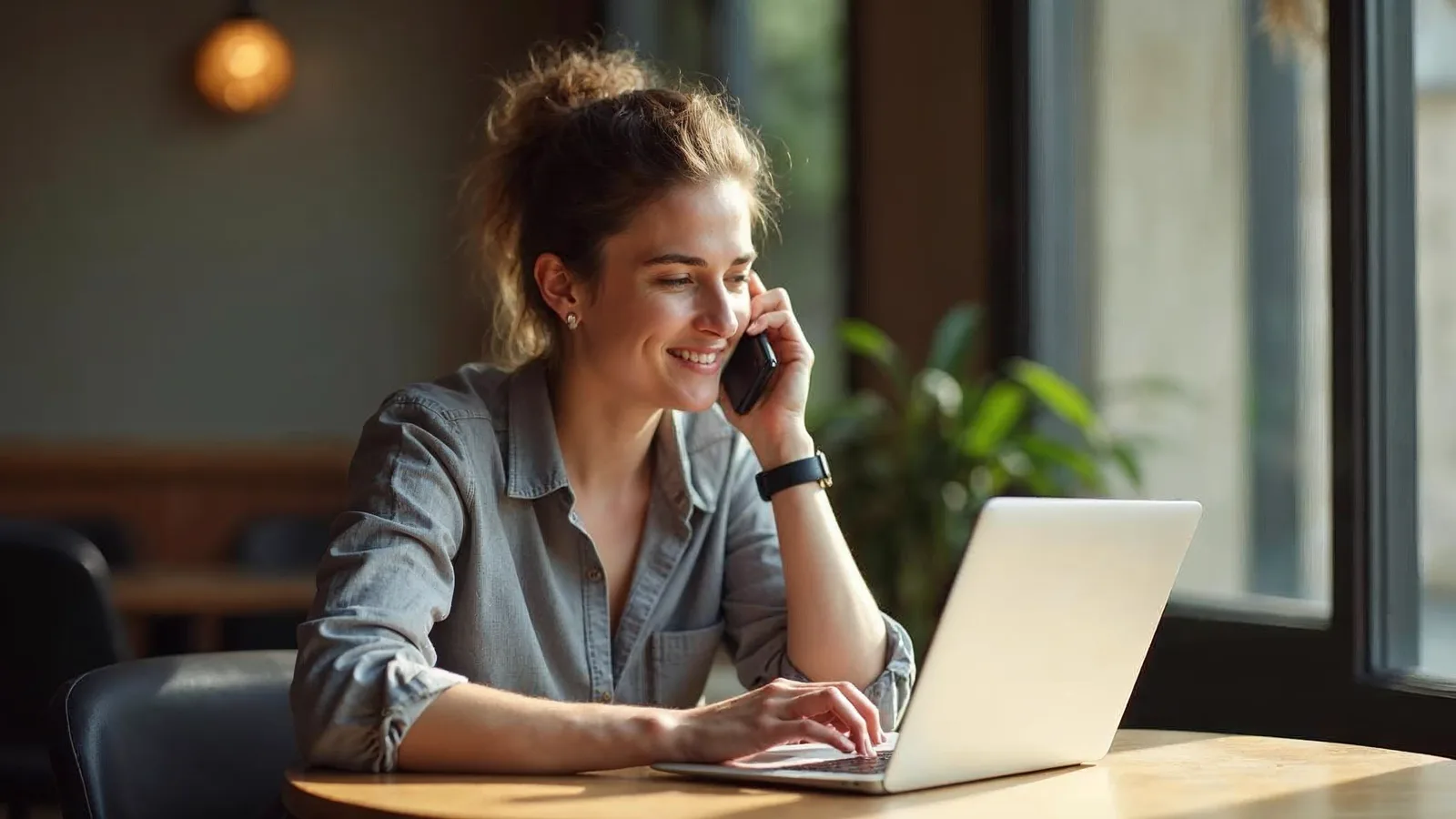 A small business owner at a cafe table on the phone with her laptop open, weighing a choice