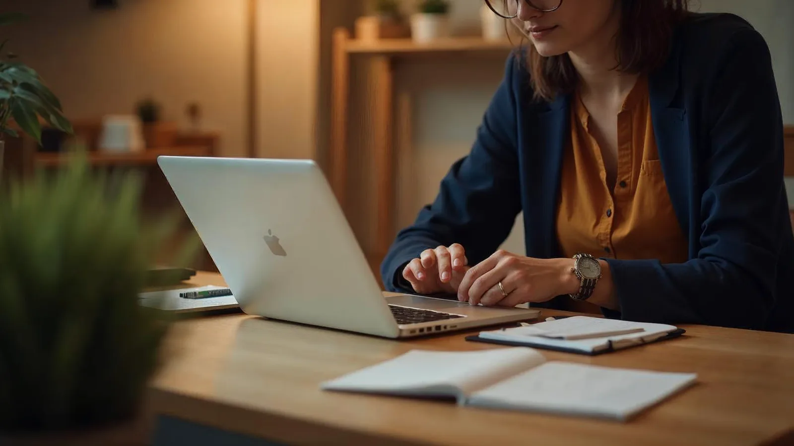 An owner at a desk with a laptop, a notebook and a planner, the CRM in the middle of the day