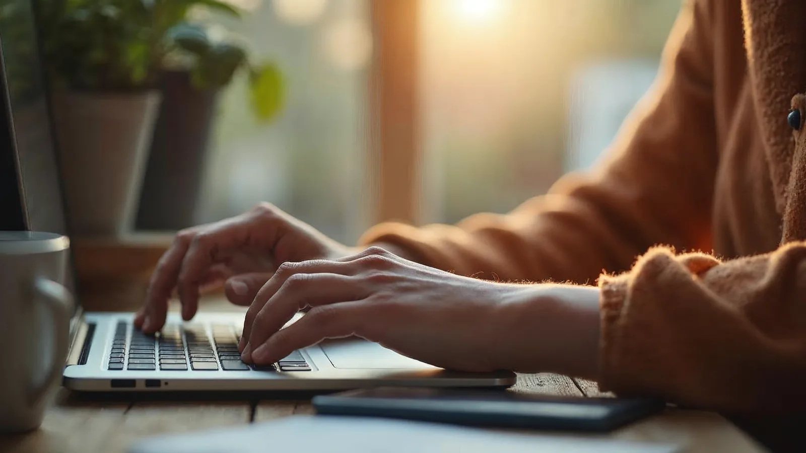 Hands typing on a laptop keyboard with a coffee beside it