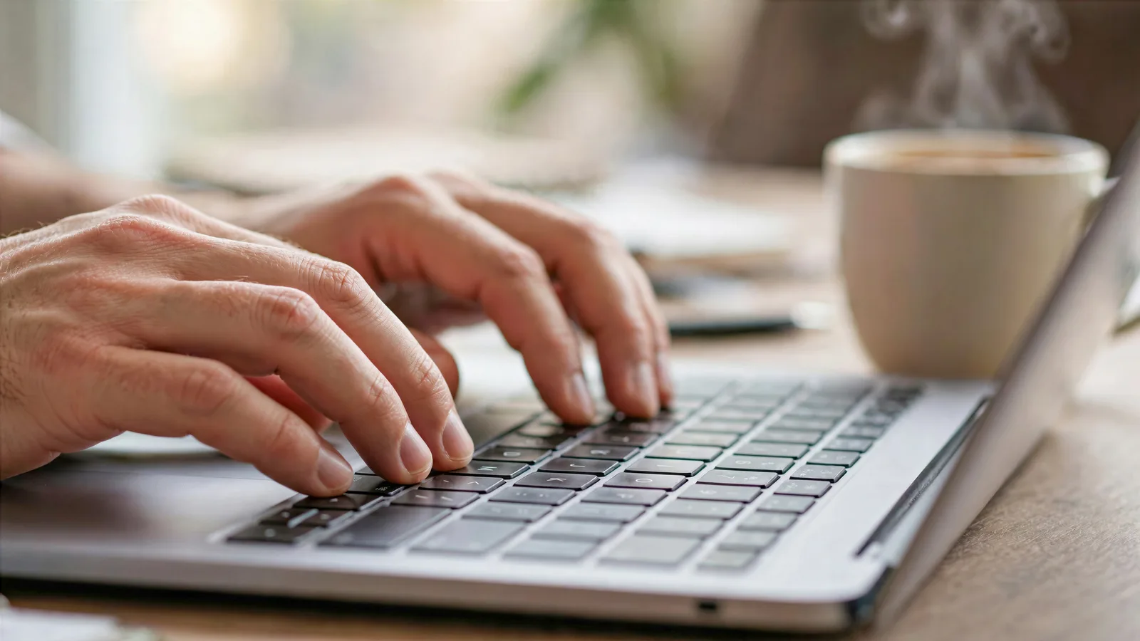 Hands typing on a laptop keyboard beside a steaming cup of coffee
