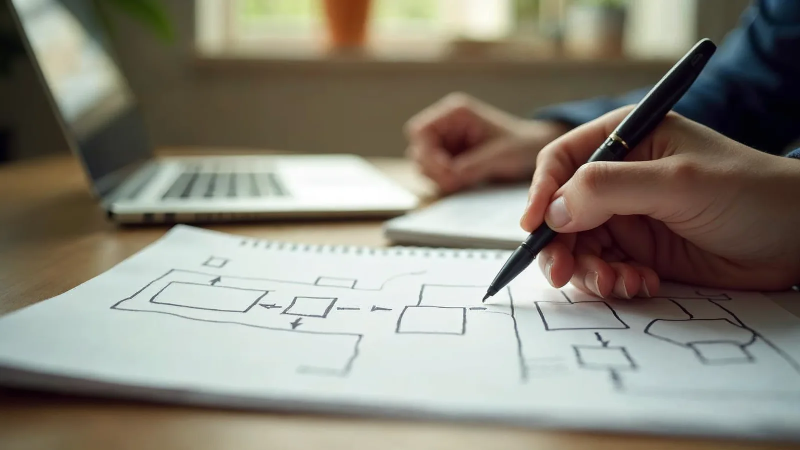 A hand sketches a flowchart of boxes and arrows on a notepad, the follow-up automation planned on paper